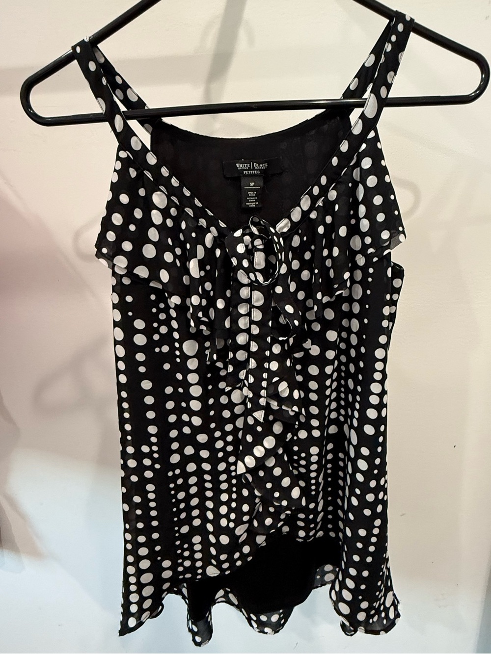 White House Black Market Black & White Polka Dot Ruffle Camisole